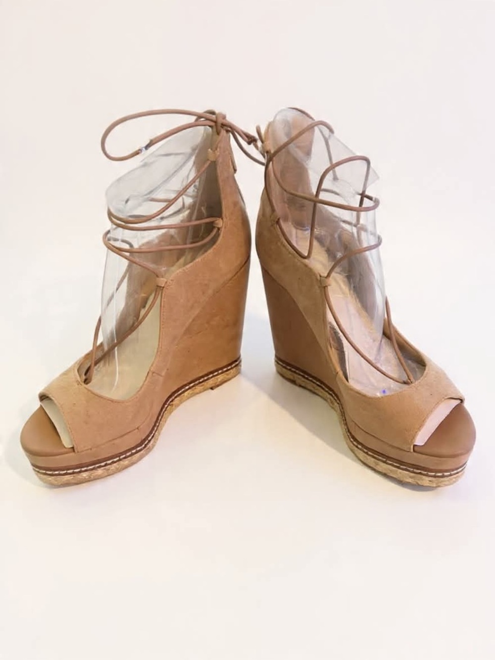 Sam Edelman Beige Lace-Up Suede Wedge Sandals